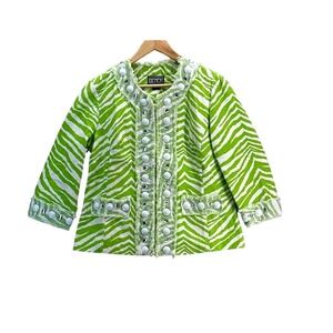 Berek Lime Green & White‎ Zebra Cotton Beaded Gem Jacket Size 1XL Preppy